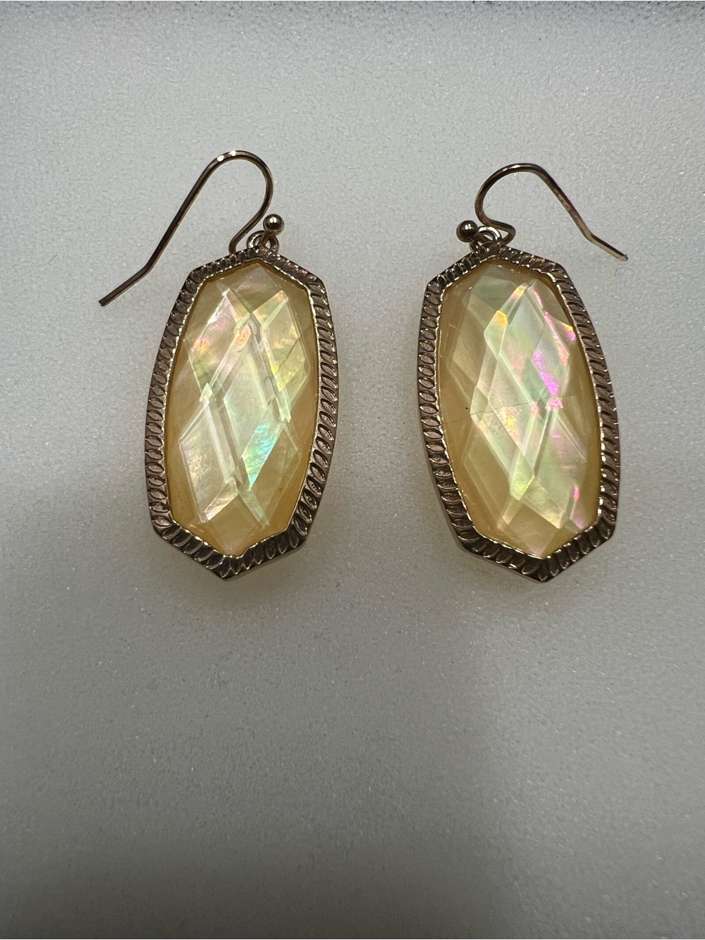 Iridescent Cream Stone Gold Trim Drop Earrings